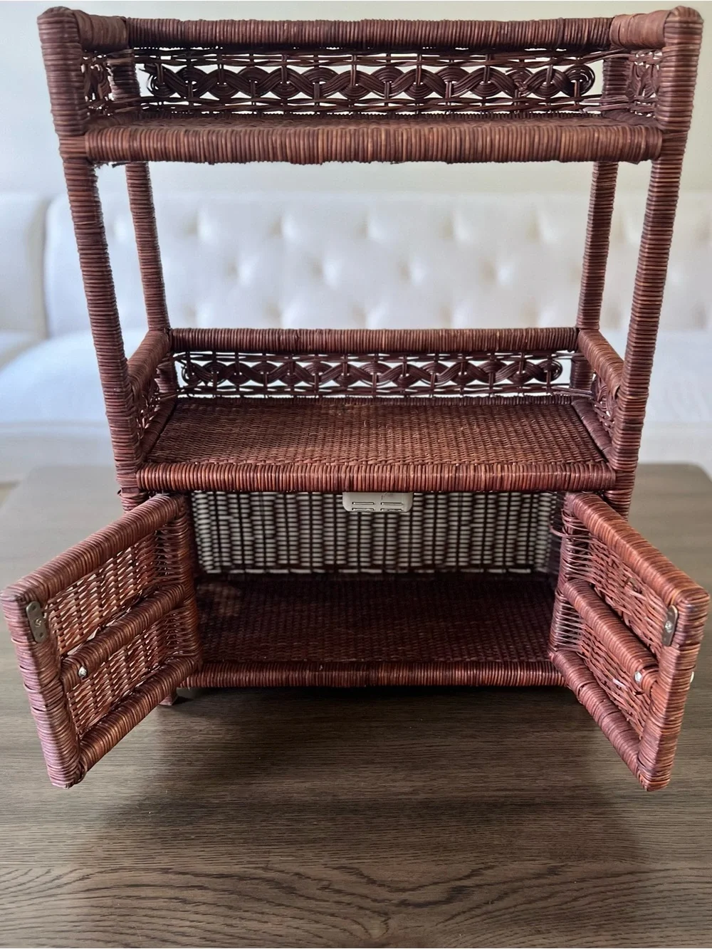 Vintage Brown Rattan Wicker Shelf Cabinet Charming Boho or Cottagecore Decor